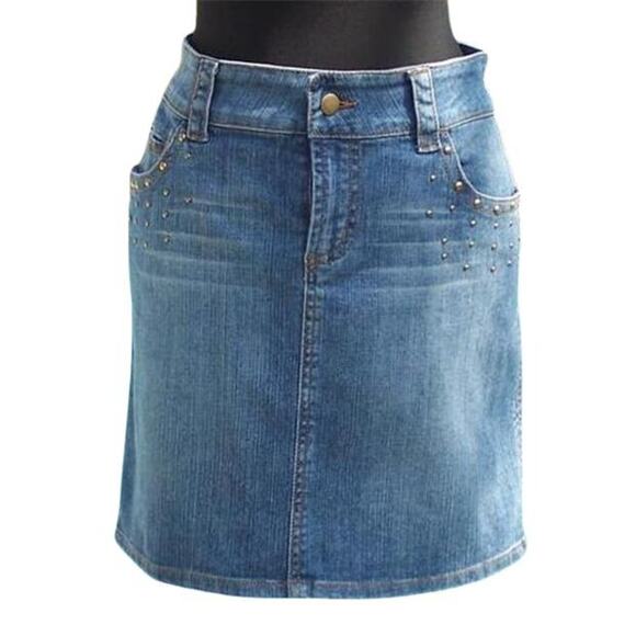 Cache Denim Stud Embroidery Embellished Back Pockets Skirt New Stretch $98 NWT - Picture 3 of 4